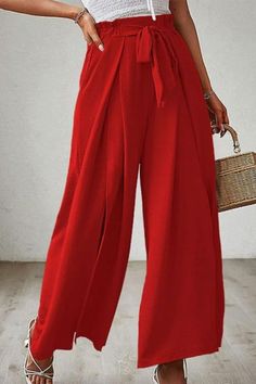 Boho Fashion Wide Leg Red Pant Bow-tie Loose High-waist Pleated Wide-leg Belt Pants Bohemian Summer Pants In Solid Color, Bohemian Summer Pants, Bohemian Solid Color Summer Bottoms, Bohemian Summer Bottoms In Solid Color, Chic Solid Color Beach Pants, Chic Solid Color Pants For Beach, Bohemian Solid Wide Leg Pants With Pockets, Bohemian Style Solid Color Wide Leg Pants For Vacation, Solid Color Bohemian Wide Leg Pants For Vacation