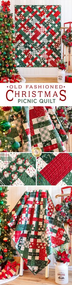 the christmas tree quilt is being made with red, green and white fabrics