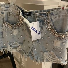 Size Small. Nashville Ready Cutoffs Embellished Blue Bottoms For Night Out, Blue Denim Bottoms With Rhinestones, Embellished Blue Bottoms For Spring, Casual Blue Bottoms With Rhinestones, Summer Blue Bottoms With Rhinestones, Blue Rhinestone Bottoms For Summer, Summer Blue Rhinestoned Bottoms, Summer Blue Rhinestone Bottoms, Cut Off