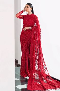 Buy Apple Red Heavy Embroidered Bridal Net Saree at PinkPhulkari Pakistani Sharara, Net Sleeves, Saree Pallu, Net Blouse, Net Blouses, Blouse Back, Sharara Suit, Chiffon Collection, Saree Border