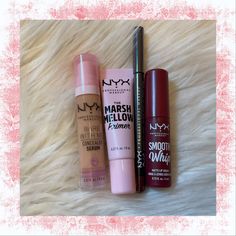 This Is A Bundle Of Four Brand New Nyx Professional Makeup Products: The Marshmellow Primer, .27 Oz. Bare With Me Concealer Serum, Beige, .32 Oz. Smooth Whip Matte Lip Cream, Velvet Robe, .13 Oz. Suede Matte Lip Liner, Cherry Skies, .03 Oz. Marshmellow Primer, Bare With Me Concealer Serum, Nyx Lip Lingerie, Nyx Lipstick Matte, Vibrant Makeup, Revlon Makeup, Nyx Lipstick, Makeup Is Life, Swag Makeup