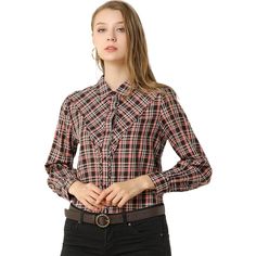 This plaid long sleeve shirt is the perfect combination of casual and cute. Soft woven fabric, in a black and red plaid pattern, shapes this comfy and cute shirt that has a collared neckline and long sleeves with buttoned cuffs. An absolutely essential shirt that is perfect for dressing up or down. Perfect to pair with jeans for a smart-casual look. Model is wearing size XS. Please check your measurements to make sure the item fits before ordering. Peter Pan Collar Shirt, Office Shirt, Polka Dot Shorts, The Office Shirts, About Women, Long Sleeve Plaid Shirt, Satin Shirt, Long Sleeve Plaid, Women Skirts Midi