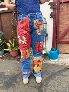 "Upcycled from a pair of Levi Strauss Jeans, 512, perfectly slimming, 98% cotton, 2% spandex,  Size 12M. All hand sewn securely with brocade fabrics and embroidery thread. All fabrics prewashed and preshrunk. Waistband 34-36\" (stretch to waist) Hips (measured 8\" below waistline) 42\" front rise 12.5\" Back rise 16\" inseam 33\" outer seam 44\" (I WILL SHORTEN THEM FOR FREE IF REQUESTED) leg opening 20\"  My home is smoke free. Clothing is measured while laying flat and unstretched. I highly re Non-stretch Dark Wash Patchwork Jeans, Denim Blue Patchwork Jeans, Non-stretch Denim Patchwork Pants, Non-stretch Patchwork Denim Pants, Patchwork Relaxed Fit Jeans For Spring, Embroidered Non-stretch Denim Pants, Multicolor Denim Patchwork Pants, Denim Blue Bohemian Relaxed Fit Pants, Spring Patchwork Relaxed Fit Jeans