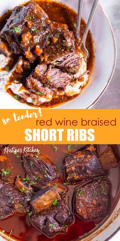 red wine braised short ribs with carrots and mashed potatoes in a bowl