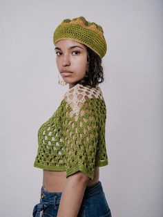 Sailin' On Crop Tee in Grass and Putty /Green & Cream Crochet Top/Handmade Crochet Top/Crochet Half Green Bohemian Knit Crochet Top, Green Fitted Crochet Top, Bohemian Hand-knitted Crochet Top, Bohemian Fitted Crochet Hat, One Size Crochet Lace Top For Festivals, Handmade Crochet Cotton Top For Spring, Crochet Knit Top For Festivals, Handmade Spring Crochet Top In Cotton Yarn, Handmade Cotton Yarn Crochet Top For Spring