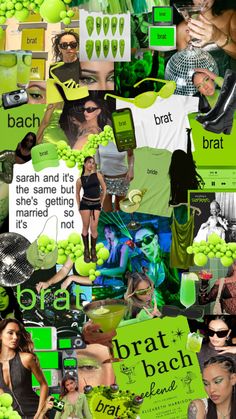 the collage is full of green and black items, such as tennis balls, bras, hats, sunglasses, t - shirts