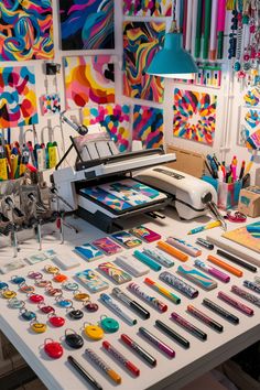 an art studio with lots of crafting supplies on the table and in front of it