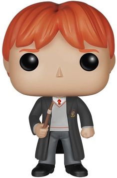 the harry potter pop vinyl figure has an orange hair and is holding a wand in his hand