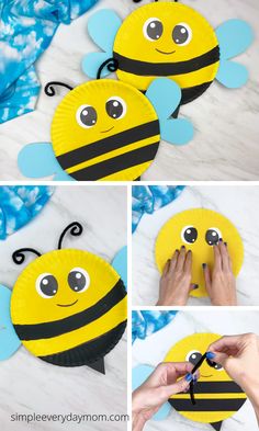 the paper plate bee craft is made with construction paper and glue to make it look like a