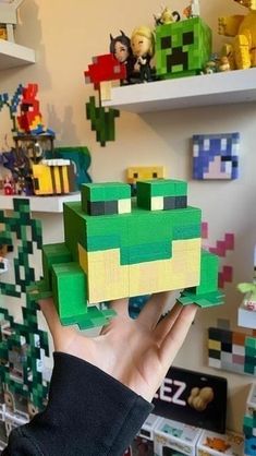 a person holding up a toy made out of legos in front of some shelves