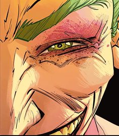 a close up of the face of a person with green hair and yellow eyes,