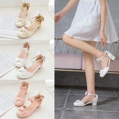 Mid Heels Sandals, White Sandals Heels, Mid Heel Sandals, Double Bow, Low Heel Shoes, Career Dress, Heels Sandals, Fashion Korean, Mid Heel