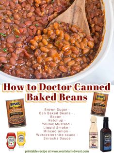 the recipe for baked beans in a white bowl