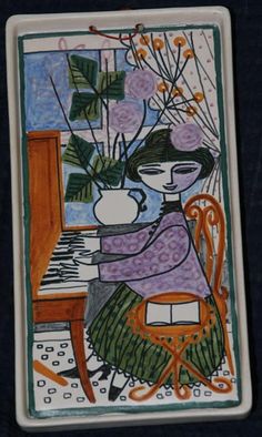 a drawing of a woman sitting at a piano with flowers in the vase on her lap