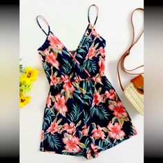 Nwt!! Shein Blue/Pink Tropical Print Romper, Size Medium (6). Very Cute For Summer, If Your Staying At Home Or Going On Vacay To The Tropics - Bust: 32.7” - Length: 32.7” - Hip: 43.7” - Waist: 25.6 - Inseam: 2.3” - Machine Wash Or Professional Dry Clean Offers Welcome Comes From A Smoke Free Home Tropical Romper, Cami Romper, Jumpsuit Outfit, Pink Rompers, Outfit Trends, Cute Rompers, Floral Jumpsuit, Printed Rompers, Girls Fashion Clothes