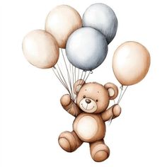 a brown teddy bear flying through the air with balloons