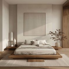 a large bed sitting on top of a wooden floor next to a white vase filled with flowers