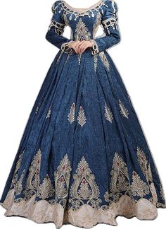 Embroidered Floor-length Dress For Banquets, Intricate Embroidery A-line Fitted Dress, Fitted A-line Dress With Intricate Embroidery, Traditional A-line Embroidered Dress, Vintage Blue Embroidered Dresses, Embroidered Fitted Floor-length Dress, Royal Long Sleeve Fitted Dresses, Fitted Long Sleeve Dress With Gold Embroidery, Traditional Embroidered Dress For Banquet