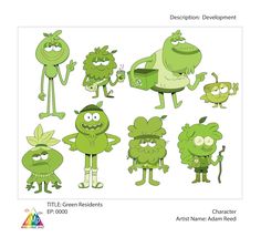 an image of cartoon characters with different expressions on their faces and body, all in green