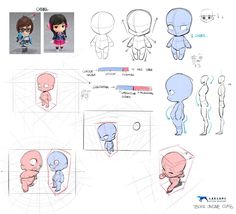 the concept art for an animated character is shown in blue and pink tones, with various poses