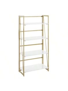 a white and gold shelf with four shelves