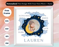 a baby's birth photo frame with the name lauren on it and stars in the sky