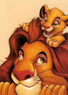 the lion king and his cub are hugging each other