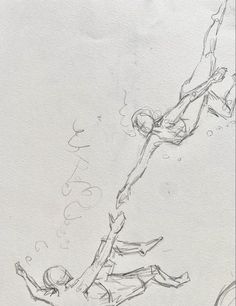 a pencil drawing of a man falling off a tree branch with his arms stretched out