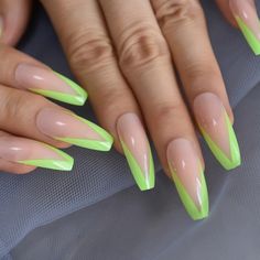 33 Neon Green French Tip Nails Omnivorvora White Tip Acrylic Nails, Lime Green Nails, Alcohol Pads, Fake Nails Long, Green French, Nails Nude, Nail Sets, Nail Buffer, Nail Length