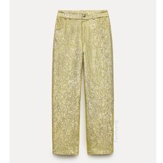 New With Tag Brand Zara Seller: @Chloethy Zara S/S 2024 Collection Zara Woman Collection Pants With A Mid Waist And Belt Loops. Front And Back Pockets. Shiny Fabric Detail. Front Zip And Button Closure. Color Gold | 7888/480 Outer Shell 75% Polyester 25% Polyester Metallised Fibre Which Has At Least: Outer Shell 75% Rcs-Certified Recycled Polyester Elegant Spring Pants With Five Pockets, Trendy Gold Wide Leg Pants, Spring Party Wide Leg Jeans, Gold High Waist Bottoms For Spring, Spring High Waist Gold Pants, High Waist Gold Bottoms For Spring, Gold Party Bottoms With Pockets, Zara Straight Leg Party Pants, Gold Straight Leg Pants For Spring