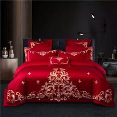 Luxury Red 4Pcs Bedding Set Chic Embroidery 1000TC Egyptian Cotton Duvet Cover.   "This pin contains affiliate links, which means I may earn a commission at no cost to you extra for you". 
 #affiliate #advertising"