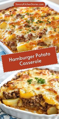 hamburger potato casserole in a white baking dish