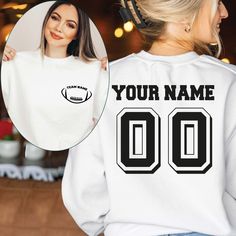 Custom Football Sweatshirt, Football Team Name Sweat, Personalized Game Day Gifts, Custom Soccer Sweatshirt, School Football Team Name Sweat 👉HOW TO ORDER👈 1️⃣  Choose your T-shirt color 2️⃣  Choose your T-Shirt size 3️⃣  Choose your design & text color 4️⃣ Need more Items? Add the current item in the cart. And If you like to add more items to your order please press the back button and repeat steps 1-3 again. 5️⃣Once all your desired items are in your cart you may complete your order by enter White Crew Neck Sweater For Game Day, White Long Sleeve Sweater For Game Day, Customizable White Team Spirit Sweatshirt, White Team Spirit Customizable Sweatshirt, White Long Sleeve Sweater With Name Print, Customizable White Sweatshirt For Game Day, Custom Print Long Sleeve Sweatshirt For Sports, White Crew Neck Sweater With Name Print, Game Day Crew Neck Sweatshirt With Name Print