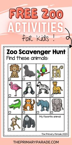 the zoo scavenger hunt for kids is shown in this free printable activity