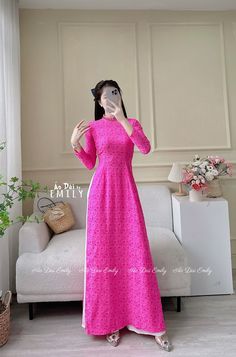 🌸 Material: Lụa gấm Stretchy level: 3/10 🌸 The measurement of this ao dai is in Vietnamese size. American size tends to be bigger for the same size. Please look at the SIZE CHART CAREFULLY before ORDERING. There might have some chalk writings on the fabric, these marks can be washed away. 🌸 No returns or exchanges. Buyer can contact seller about any issues with an order. 🌸 Follow us Facebook/aodaiemily www.aodaiemily.com 💜 Thank you very much💜 Elegant Long Sleeve Pink Cheongsam, Pink Long Ao Dai For Wedding, Long Pink Ao Dai For Wedding, Pink Cheongsam For Spring Party, Pink Spring Party Cheongsam, Pink Elegant Fitted Ao Dai, Pink Fitted Elegant Ao Dai, Traditional Fitted Pink Cheongsam, Festive Pink Ao Dai