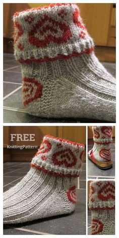 two pictures showing the steps to crochet socks with red and white designs on them