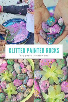 the hands are painting rocks with different colors