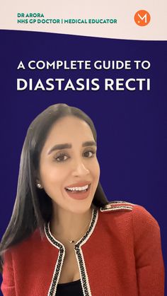 a woman with long black hair wearing a red jacket and smiling at the camera text reads a complete guide to diastasis recti