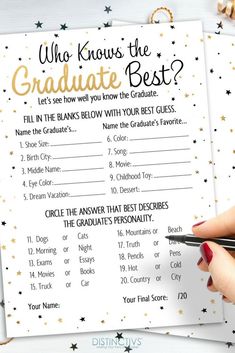 a person holding a pen and writing on a graduate's checklist with the words, who knows the graduate best?