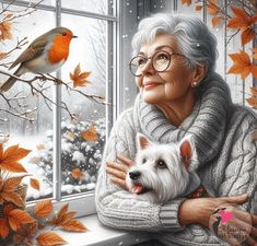 a painting of an elderly woman holding a dog in front of a window with autumn leaves