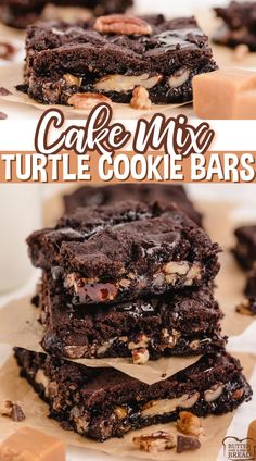 chocolate cake mix turtle cookie bars stacked on top of each other with text overlay