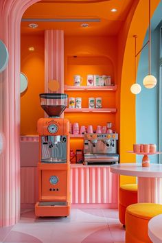 an orange and pink coffee shop with colorful walls