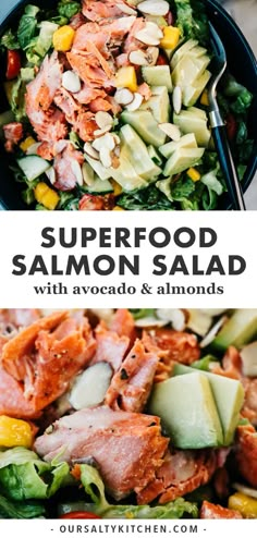 a salad with salmon, avocado and almonds is shown in two separate images