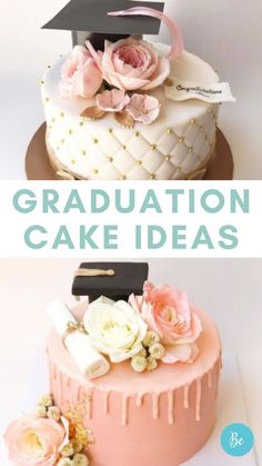 two cakes with flowers and graduation caps on top, one is pink and the other is white