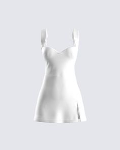 It's hard not to fall in love 🤍 Tap into your sweet side with this white ponte mini dress - Complete with tapered shoulder straps, an A-line mini skirt, adjustable straps, a front slit, and a sweetheart neckline 😊 White Corset Dress, Future Of Fashion, Welcome To The Future, Rhinestone Top, A Line Mini Skirt, Sequin Mini Skirts, No Waste, Grad Dresses, Simple Trendy Outfits