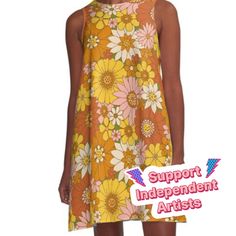 Loose-fit, mid-length sleeveless dress with silky handfeel. Printed on both sides. Machine washable. Size range XS-2XL. Retro 60s inspired floral pattern with lots of daisies and dahlias in colors of cream, rusty red, orange, pink, and yellow, on a vintage green background. Retro A-line Summer Dress, Retro A-line Sleeveless Dress, Retro Knee-length Summer Dress, Retro Sleeveless Midi Dress With Floral Print, Orange Retro Print Summer Dress, Retro A-line Sundress For Summer, Mod Style Sleeveless Orange Dress, Multicolor Sleeveless Mod Dress, Orange Sleeveless Printed Midi Dress