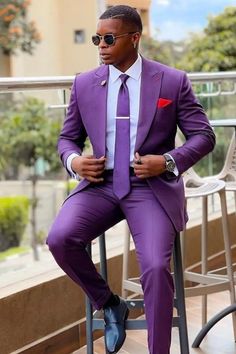 Purple Prom Outfits For Guys, Wedding Suits Men Purple, Royal Purple Suits For Men, Colourful Suits Men, Colourful Mens Outfits, Purple Tuxedo Wedding, Purple Mens Suit, Purple Suit Men, Purple Groom Suit