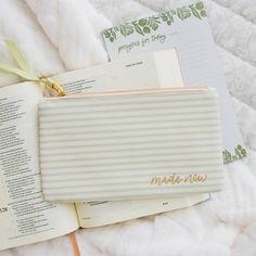 Made New Pencil Pouch - Green Stripe laying on top of a Bible and Prayers for Today notepad Bible Verse Lettering, Christian Gift Shop, Daily Grace Co, Psalm 130, Daily Grace, Bible Study Tools, Prayer For Today, Study Tools