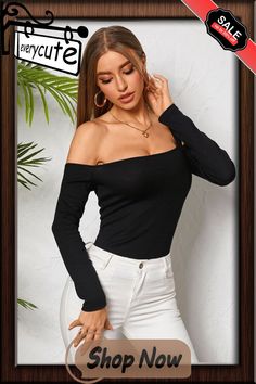 Solid Off-shoulder Long Sleeve Skinny T-shirt for Women Spring Off-shoulder T-shirt, T Shirt For Women, Ladies Tops Fashion, Customer Support, Off Shoulder, Fast Delivery, T Shirts For Women, For Women, Long Sleeve