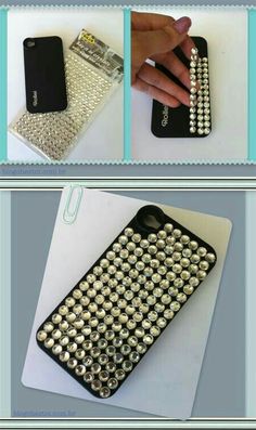 an iphone case with lots of diamonds and pearls on the front, and in the back